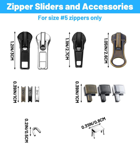 Zipper sliders and accessories for size #5 zippers in 39 Piece Zipper Replacement Kit With Sliders And Pulls Retainer Boxes And Insertion Pins Multi Color Teeth Repair Set For Coats And Bags Including Zipper Head For Easy Fixes.