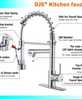 Diagram of stainless steel kitchen faucet with high arc, rotating bracket, spray modes, and single handle operation.