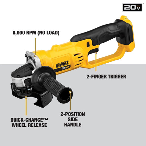 Dewalt 20V MAX cordless 4-1/2-inch grinder with black grip, side handle, and quick-change wheel release.