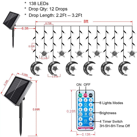 Diagram of solar string lights outdoor for Ramadan Eid decor, showing star moon curtain lights setup, remote, and solar panel.