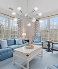 Living room with Six Light Sputnik Chrome Pendant Chandelier For Kitchen And Dining, modern blue and white decor