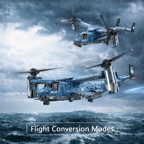 Military Helicopter Building Kit With Tiltrotor Inspired By The V22 Osprey Aircraft Transform Model in flight over ocean