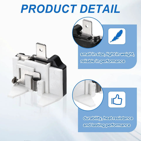 Detailed view of 4 Pack 1/2 HP Refrigerator Overload Protector Replacement Parts for Freezers and Coolers, showing size and reliability features