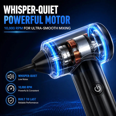 Close-up of Pro Tattoo Ink Mixer Kit with powerful whisper-quiet motor, illuminated details, 10,000 RPM for smooth mixing