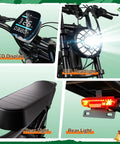 All-Terrain Fat Tire Electric Bike For Adults With 1500W Peak Brushless Motor, showing LED display and lights