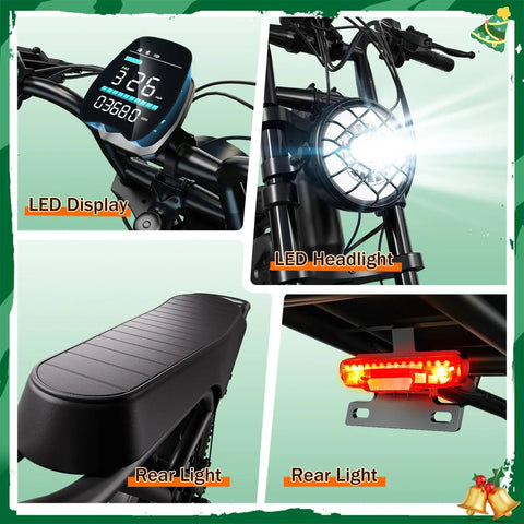 All-Terrain Fat Tire Electric Bike For Adults With 1500W Peak Brushless Motor, showing LED display and lights