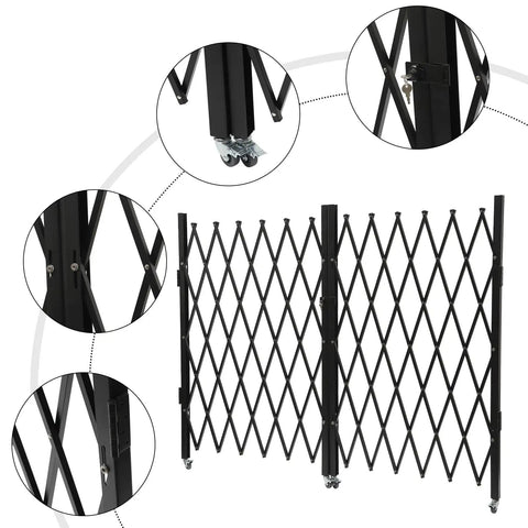 Heavy Duty Folding Security Gate Lock It Down And Keep Your Spot Safe With This 63 Inch Tall By 118 Inch Wide Black Metal Wall Mount Gate featuring diamond grille and padlock loop details.
