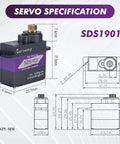 SERVOMY-SDS1901 SG90/MG90S Mini Size High Torque Micro Servo specifications with metal case and 21T arm for robotics and RC models.
