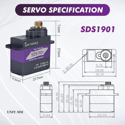 SERVOMY-SDS1901 SG90/MG90S Mini Size High Torque Micro Servo specifications with metal case and 21T arm for robotics and RC models.
