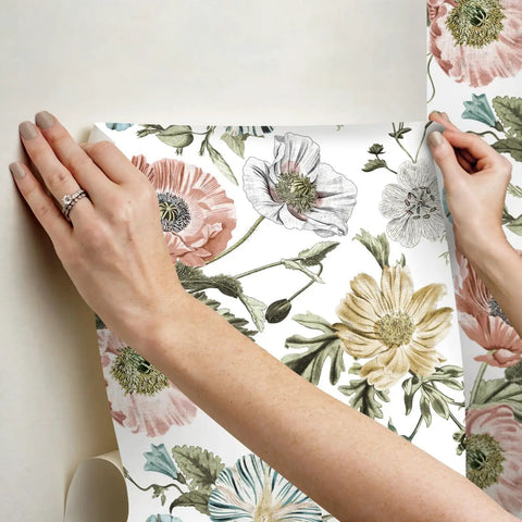 Hands applying Vintage Poppy Pink Peel And Stick Wallpaper For Walls Easy Removable No Mess No Residue Easy Peasy DIY Install