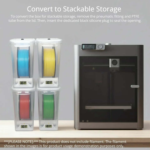 Heavy Duty 5.8L 3D Printing Filament Storage Box With Airtight Seal And Stackable Bins For 1kg Spools beside a 3D printer