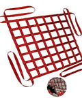 Heavy Duty Lifting Cargo Net For Hoisting And Hauling, Polyester Flat Net With 4x4M Mesh Openings 20cm, Load Capacity 3.5T, Durable Material Handling Net For Fast Load And Unload, Abrasion Resistant And Flexible. Red polyester cargo net with 20cm mesh openings and handle loops, shown flat and ready for use.