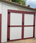 Shed with red doors using Heavy Duty Gate Hinges 6 Pack Black Iron 3.5 Inch Swing Door Hinges For Wood Shed Barn Fence Gates Screws Included