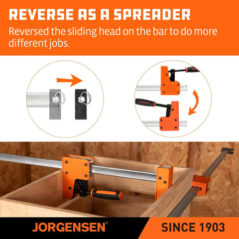 48-Inch Heavy Duty Bar Clamps Set With Parallel Jaws, 1500 Lbs Clamping Force, showing reversible head and spreader functionality