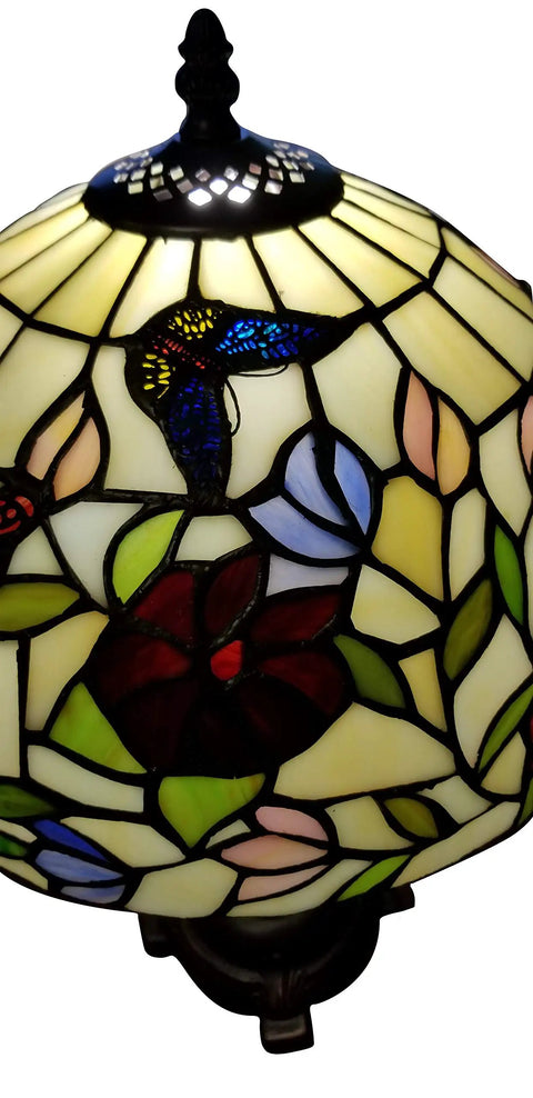 Tiffany Style Table Lamp With Stained Glass Shade Red Green White Floral Butterfly Design Antique Vintage Bedside Glow 19 Inch Tall
