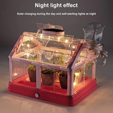Kid Friendly Plant Growing Kit Greenhouse Set For Diy Terrarium Science, Indoor Gardening Toy With Solar Powered Panel, Drip Irrigation System, Living Greenhouse For Educational Fun showing illuminated greenhouse with plants and solar panel.