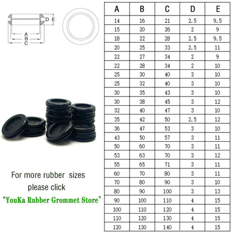 Rubber Grommets For Wiring One And Quarter Inch Hole Double Sided Plugs For Firewall And Automotive Use size chart and product layout