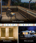 Outdoor LED Ribbon Flex Pro Grade Series 60 4000K 32.8 Ft showcasing usage on decks, patios, bathrooms, RVs, and boats