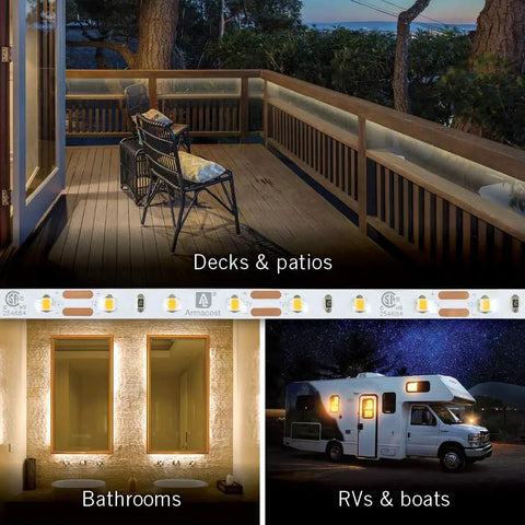 Outdoor LED Ribbon Flex Pro Grade Series 60 4000K 32.8 Ft showcasing usage on decks, patios, bathrooms, RVs, and boats
