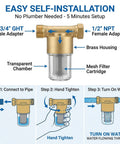 Diagram of Brass Inline Spin Down Sediment Water Filter showing adapters, brass housing, mesh filter, installation steps.