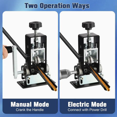 Manual Wire Stripper Machine For 0.06 To 1 Inch Wires showing dual operation modes: hand crank and drill powered