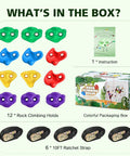 Complete Ninja Tree Climbing Holds Set For Kids And Grownups showing 12 colorful holds, 6 ratchet straps, instructions, and box.