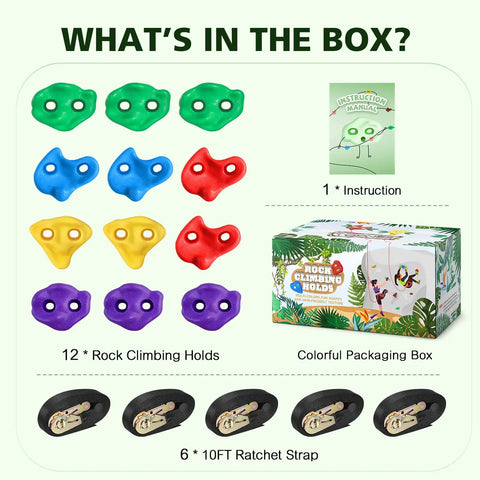 Complete Ninja Tree Climbing Holds Set For Kids And Grownups showing 12 colorful holds, 6 ratchet straps, instructions, and box.