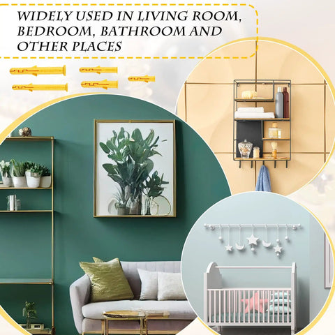 200 Piece Yellow Drywall Anchors Kit In 5 Sizes for home decor shown with shelves and baby crib hanging options