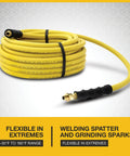 Oil Resistant Rubber Air Hose 3/8in x 50ft With 3/8in To 1/4in Reducer, 300 PSI Max, Yellow, coiled with four finger bend restrictor