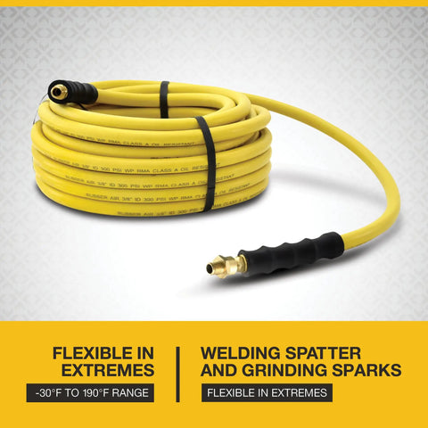 Oil Resistant Rubber Air Hose 3/8in x 50ft With 3/8in To 1/4in Reducer, 300 PSI Max, Yellow, coiled with four finger bend restrictor