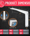 Heavy Duty 22 Inch White Shelf Bracket Set, Right Angle Corner Braces dimensions and measurements, showing thickness and angles