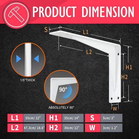 Heavy Duty 22 Inch White Shelf Bracket Set, Right Angle Corner Braces dimensions and measurements, showing thickness and angles