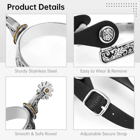 Close-up of rugged western cowboy spurs with belts for men, stainless steel with engraved pattern and leather straps detail