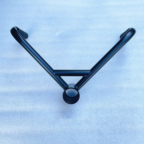 V Bar Attachment Handle For Rowing And Deadlifts on blue surface, made of heavy-duty black steel, double grip row handle for home gym use.