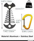 Deck Anchors With Carabiners Tie Down Kit For Canopies And Tents No Drill, showing aluminum anchor and stainless steel carabiner.