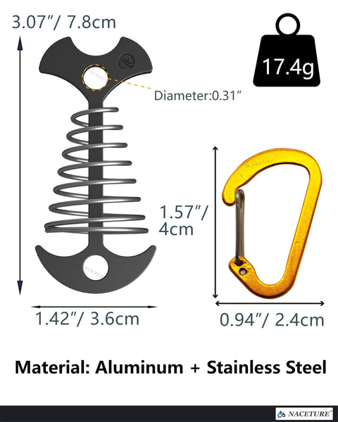 Deck Anchors With Carabiners Tie Down Kit For Canopies And Tents No Drill, showing aluminum anchor and stainless steel carabiner.