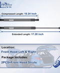 Heavy Duty Front Hood Lift Supports Gas Springs For 2017 Through 2022 Ford F 250 F 350 F 450 F 550 Super Duty Replacement Hood Struts Front Car Hood Shocks Fits PM3986 4B965360 HC3Z16C826A HC3Z16C826B Pack Of 2, showing compressed and extended lengths.