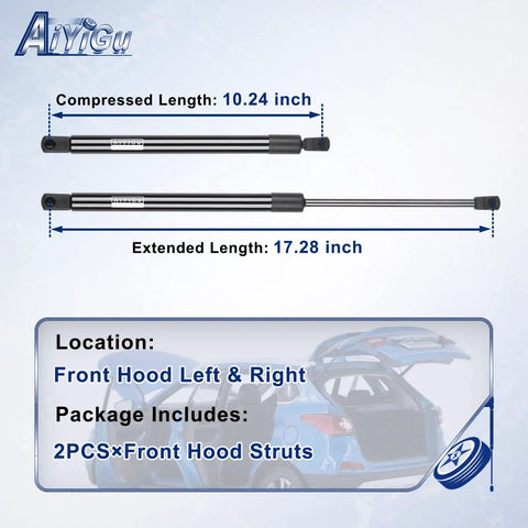 Heavy Duty Front Hood Lift Supports Gas Springs For 2017 Through 2022 Ford F 250 F 350 F 450 F 550 Super Duty Replacement Hood Struts Front Car Hood Shocks Fits PM3986 4B965360 HC3Z16C826A HC3Z16C826B Pack Of 2, showing compressed and extended lengths.