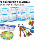 Over 220 Lab Experiments Science Kit for Kids STEM Learning Tools with manual, goggles, spoons, and color bottles.