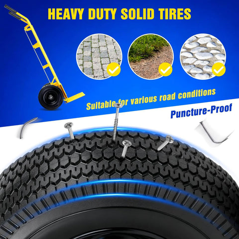 Solid Tire Set For Hand Trucks And Wheelbarrows With Ten Inch Flat Free Tires Size Four Point One Zero By Three Point Five Zero Four Five Eighths Inch Axle Bore Two Point Two Inch Hub Offset Includes Adapter Kit Two Pack shown with puncture-proof capability and suitable for various terrains.