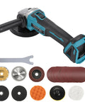 Side view of cordless brushless 4-1/2 in angle grinder with turquoise/black body; includes wrench and assorted grinding discs and pads.
