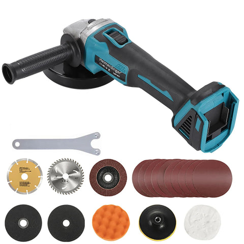 Side view of cordless brushless 4-1/2 in angle grinder with turquoise/black body; includes wrench and assorted grinding discs and pads.