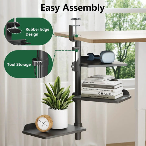 3 Tier Clamp On Desk Shelf With Height Adjustment And 360 Degree Rotatable Tray for Over Under Desk Storage Baffle Included Space Saving Black Office Organizer For Accessories
