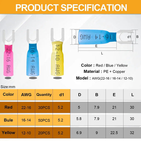 Product specification of 100 Pcs Heat Shrink Fork Spade Connectors Waterproof Quick Splice Crimp U Type Terminals for 22-16, 16-14, 12-10 AWG