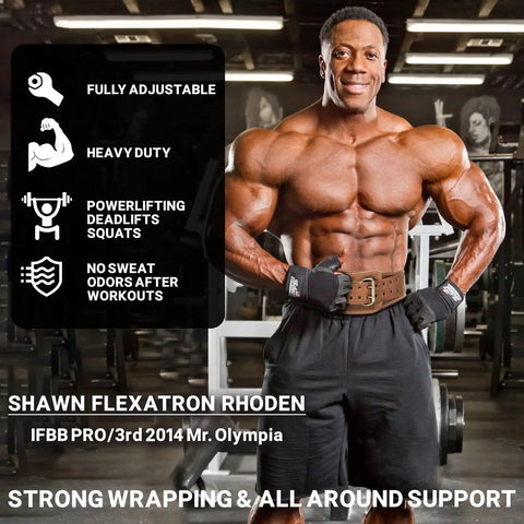 Premium Genuine Leather Weightlifting Belt 6 Inch Wide Quick Lock Double Prong Buckle worn by athlete, highlighting core support.