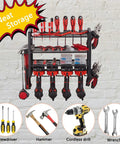 Rugged 4 Layer Heavy Duty Power Tool Organizer Rack With Wall Mount Drill Holder And Cordless Drill Charging Station Ultimate Garage Shop Tool Storage Shelf For Tools Black, holding various tools like screwdrivers and drills.