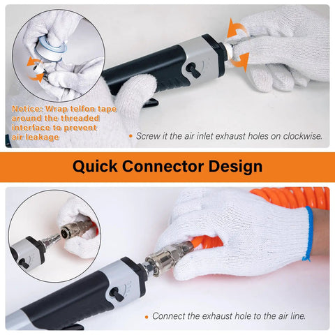 Rock Solid Multi Angle Industrial Air Belt Sander quick connector design with air hose and gloves for professional use.