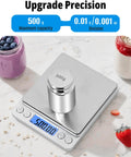 Grab-And-Go Pocket Size Digital Scale 500G 0.01G Precision with LCD display, stainless steel platform, weighing 500g weight.