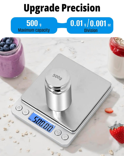 Grab-And-Go Pocket Size Digital Scale 500G 0.01G Precision with LCD display, stainless steel platform, weighing 500g weight.