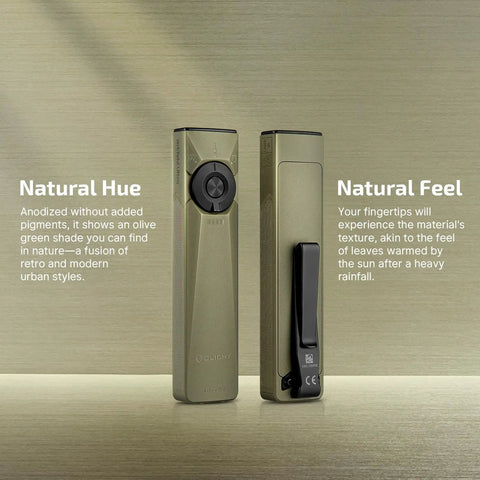 Front and back view of Arkfeld Ultra 1400 Lumen EDC Flashlight With USB Rechargeable Battery Pocket Size Flat Bezel Olive Green